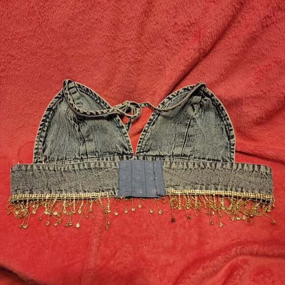 3 pc set - Jean Halter Top - Jean Shorts - White Top - Totally BLINGED OUT!  SM - Picture 6 of 7